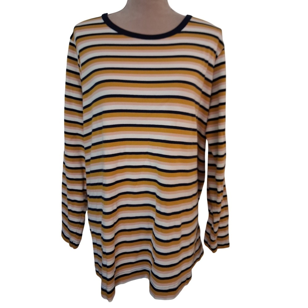 Duluth Trading Co Womens 2X Striped Long Sleeve Cotton Tee Mustard Pink Navy